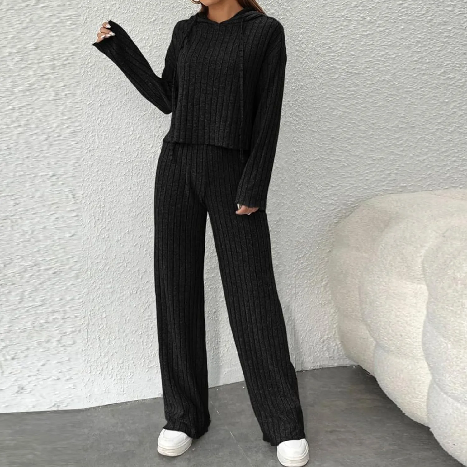 Lastesso Two Piece Loungewear Sets for Women Soft Knit Solid Sweatsuit Casual Hoodies and Wid Leg Trousers Lounge Outfits