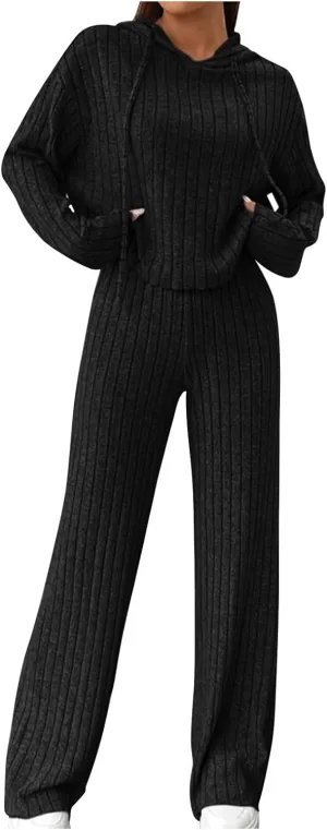 Lastesso Two Piece Loungewear Sets for Women Soft Knit Solid Sweatsuit Casual Hoodies and Wid Leg Trousers Lounge Outfits