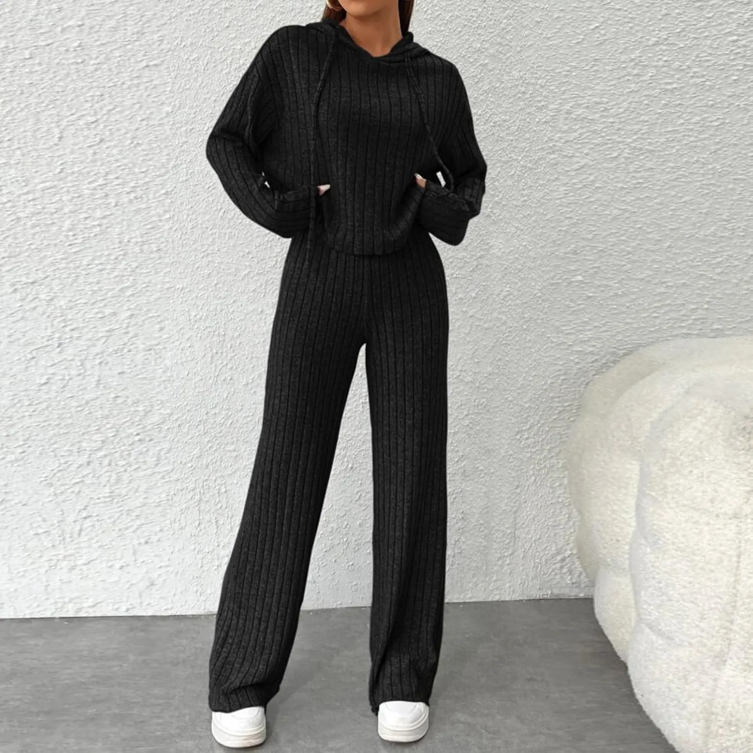 Lastesso Two Piece Loungewear Sets for Women Soft Knit Solid Sweatsuit Casual Hoodies and Wid Leg Trousers Lounge Outfits