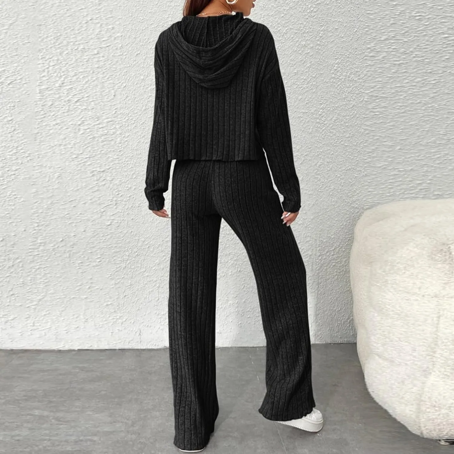 Lastesso Two Piece Loungewear Sets for Women Soft Knit Solid Sweatsuit Casual Hoodies and Wid Leg Trousers Lounge Outfits