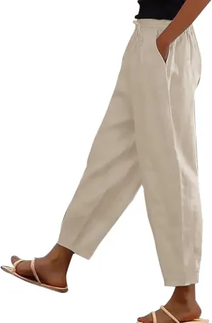 Lightweight Linen Capri Pants for Women Petite Summer Trousers Casual Vacation Beach Trousers with Pockets