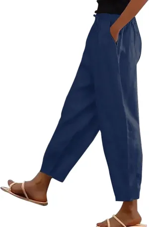 Lightweight Linen Capri Pants for Women Petite Summer Trousers Casual Vacation Beach Trousers with Pockets