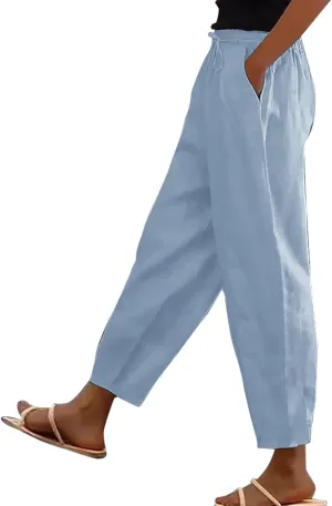Lightweight Linen Capri Pants for Women Petite Summer Trousers Casual Vacation Beach Trousers with Pockets