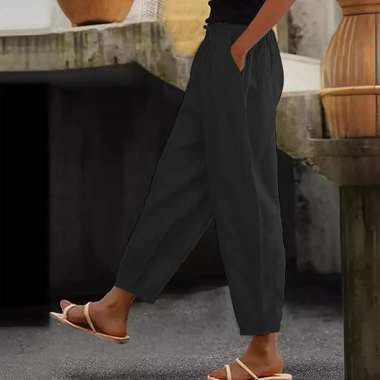 Lightweight Linen Capri Pants for Women Petite Summer Trousers Casual Vacation Beach Trousers with Pockets