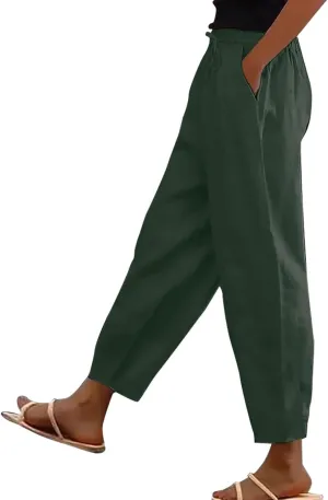 Lightweight Linen Capri Pants for Women Petite Summer Trousers Casual Vacation Beach Trousers with Pockets