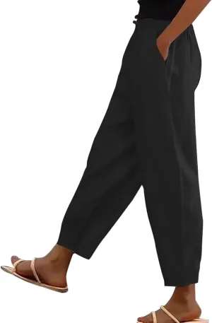 Lightweight Linen Capri Pants for Women Petite Summer Trousers Casual Vacation Beach Trousers with Pockets