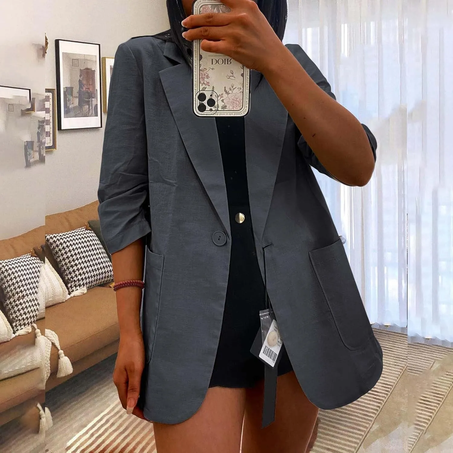 Linen Blazers for Women 2024 Work Women Blazer Long Sleeve Cute Fall Winter Jacket Baggy Herringbone Blazer