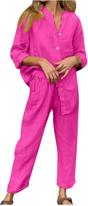 Linen Set for Women 2 Piece Outfits Casual Pants Sets Plus Size Track Suits Solid Color Lounge Wear with Pockets