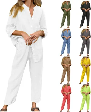 Linen Set for Women 2 Piece Outfits Casual Pants Sets Plus Size Track Suits Solid Color Lounge Wear with Pockets