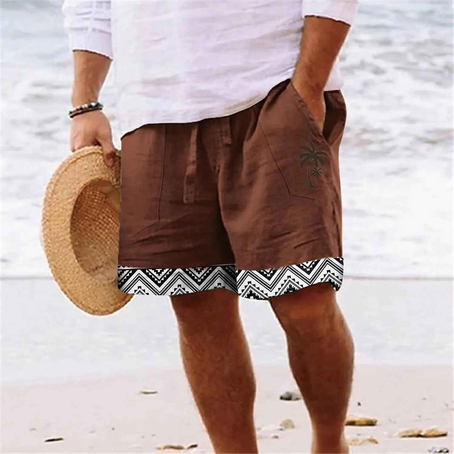 Linen Shorts for Men 11 Inch 3D Coconut Tree Printed Beach Trendy Shorts White Linen Shorts Men Big and Tall Mens