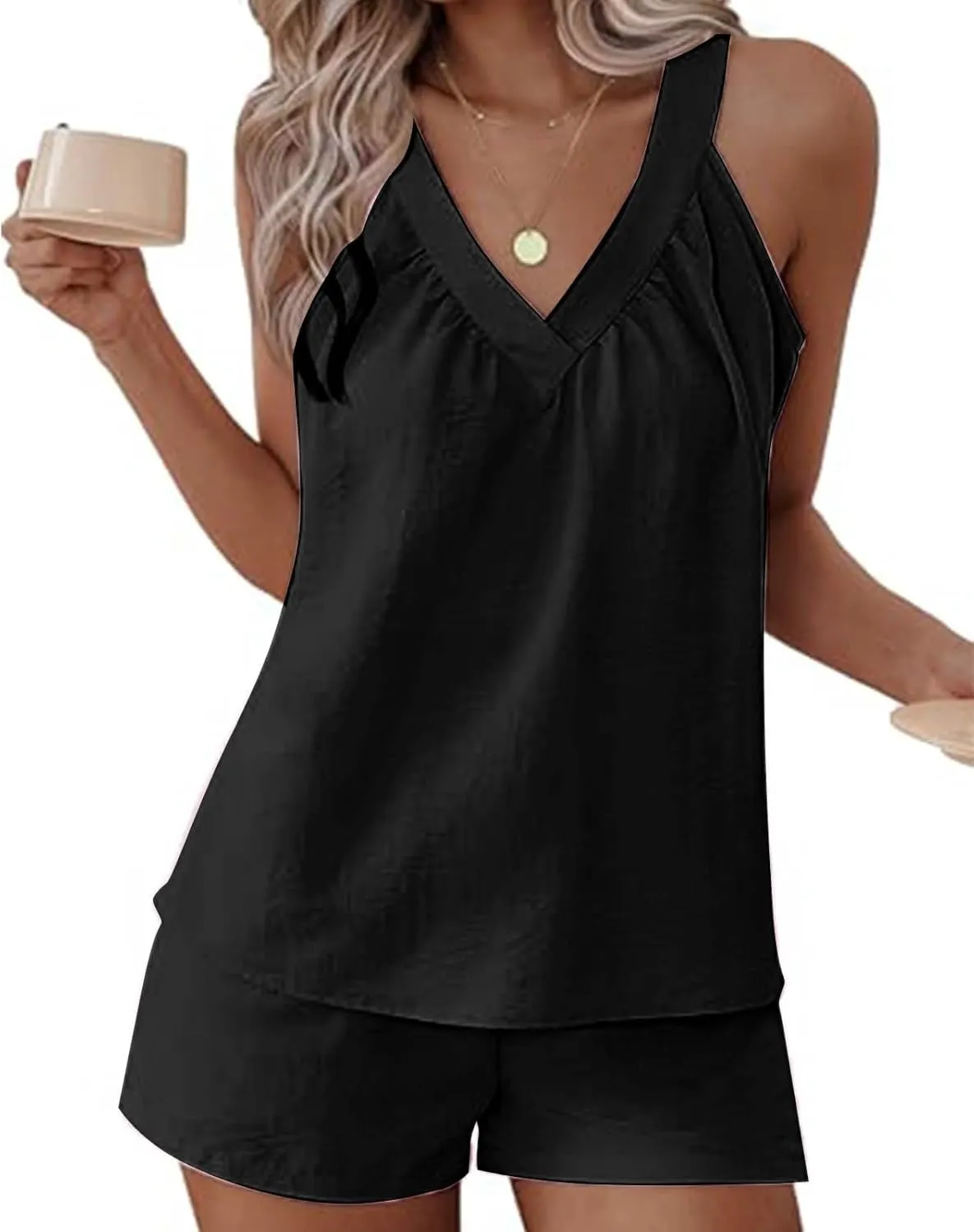 Linen Shorts Sets Women 2 Piece Outfits Sleeveless Halter Tops And Shorts Matching Sets Summer Cozy Sweatsuit Set