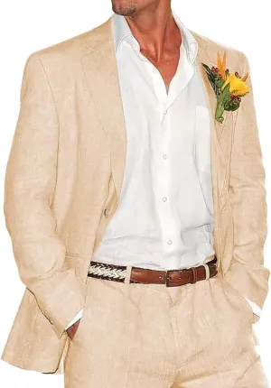 Linen Suit for Men Casual Slim Fit 2 Piece Suits Wedding Groomsmen Suits Summer Beach Linen Blazer Pants Set