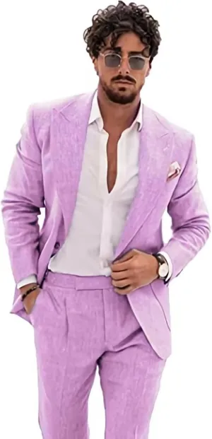 Linen Suit for Men Lilac Casual Wedding Suit for Men Seersucker Suit Slim Fit 2 Pieces Jacket Blazer Groom Tuxedo
