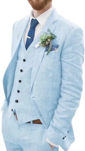 Linen Suit for Men Slim Fit 3 Piece Suit Two Buttons Casual Linen Suits Summer Beach Wedding Suits Set