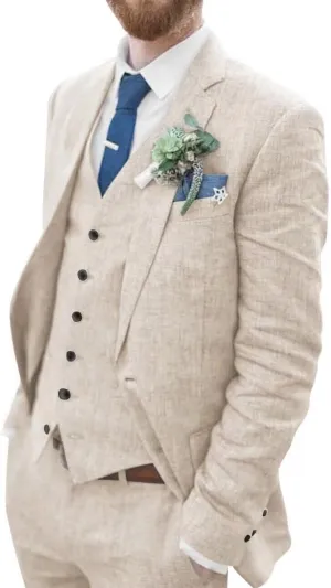 Linen Suit for Men Slim Fit 3 Piece Suit Two Buttons Casual Linen Suits Summer Beach Wedding Suits Set
