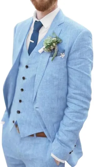 Linen Suit for Men Slim Fit 3 Piece Suit Two Buttons Casual Linen Suits Summer Beach Wedding Suits Set