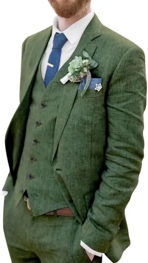 Linen Suit for Men Slim Fit 3 Piece Suit Two Buttons Casual Linen Suits Summer Beach Wedding Suits Set