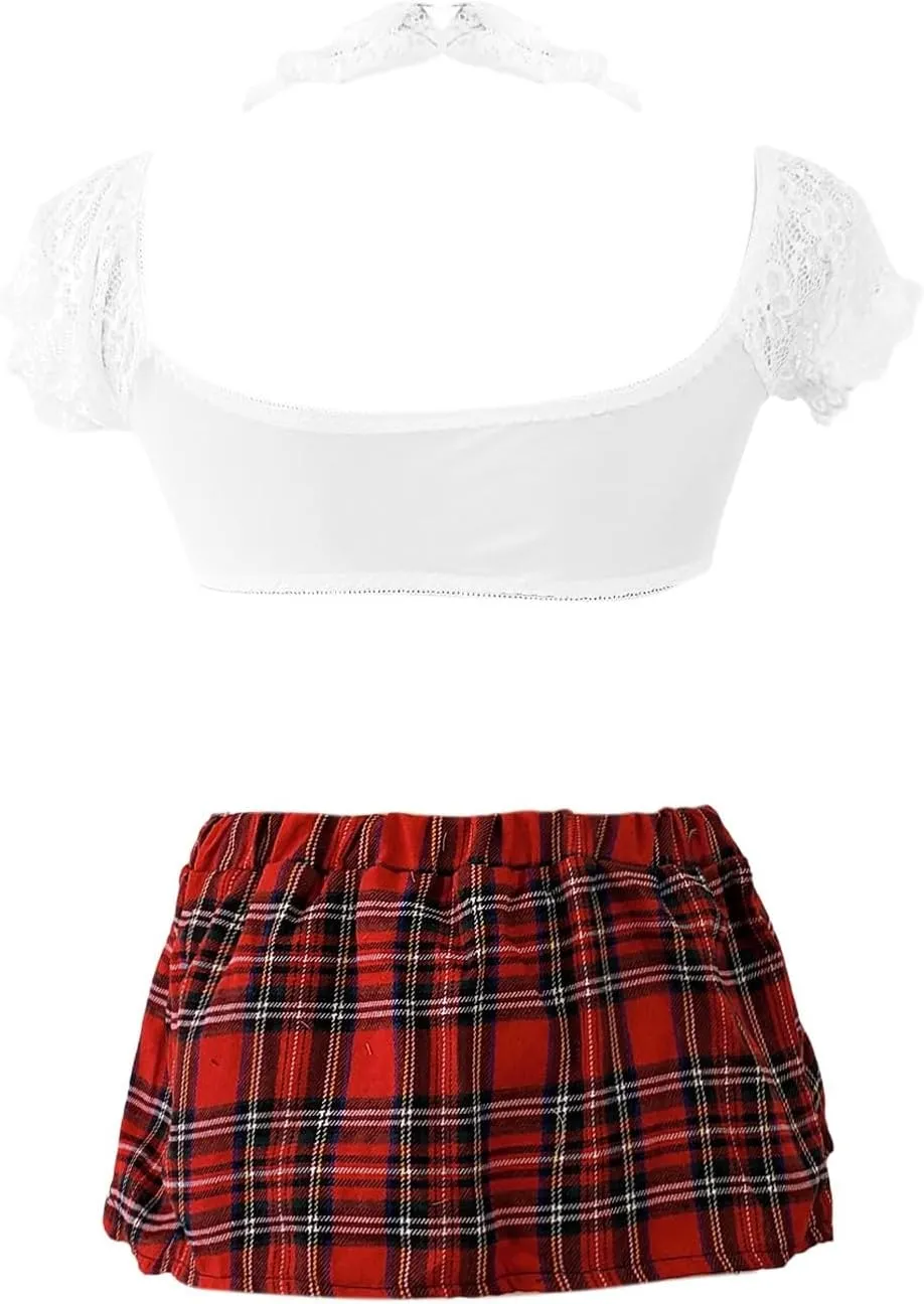 Lingerie for Women Sexy Schoolgirl Costume 0utfit Lingerie Set Student Cosplay Roleplay with Top and Mini Overall Skirt