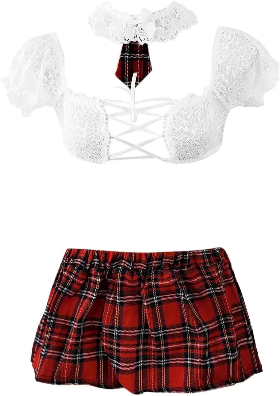 Lingerie for Women Sexy Schoolgirl Costume 0utfit Lingerie Set Student Cosplay Roleplay with Top and Mini Overall Skirt