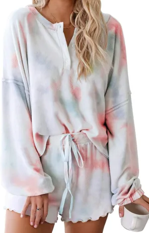 Lopie Womens Lounge Sets 2 Piece Pajamas Set Long Sleeve Tops and Shorts Sleepwear Tie Dye Printed Nightwear