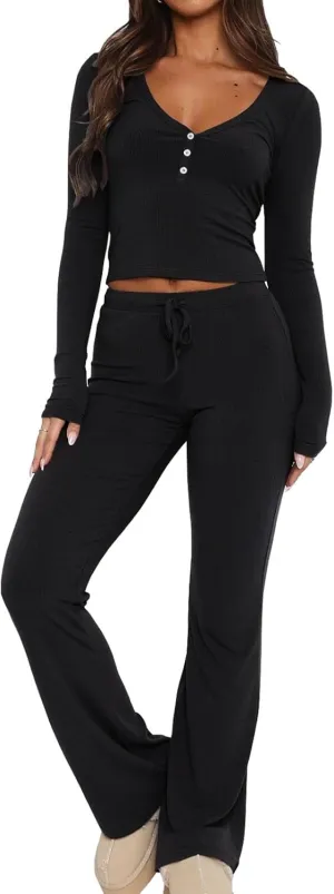 Lounge Sets For Women: 2 Piece Pajamas Outfit Loungewear Fall 2024 Pjs Long Sleeve Crop Tops Sweatpants Tracksuit