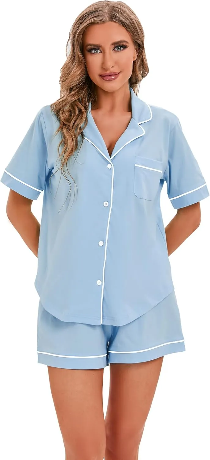 LUBOT 100% Cotton Pajamas for Women 2 Piece PJ Set Button-Down Soft Knit Short Sleeve Summer Sleepwear Loungewear XS-XXL