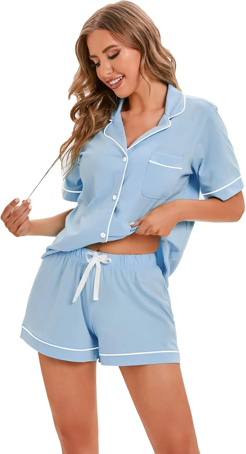 LUBOT 100% Cotton Pajamas for Women 2 Piece PJ Set Button-Down Soft Knit Short Sleeve Summer Sleepwear Loungewear XS-XXL