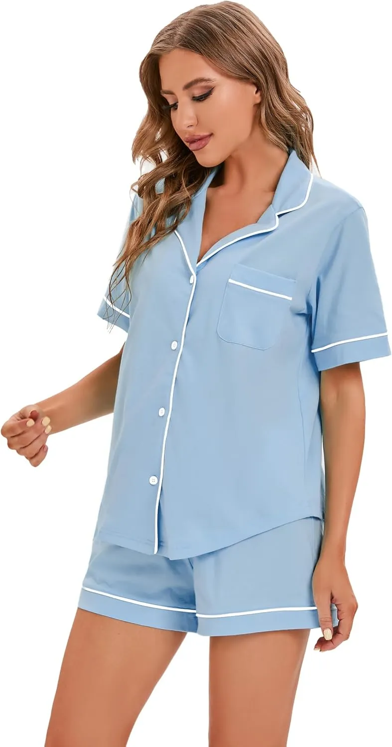LUBOT 100% Cotton Pajamas for Women 2 Piece PJ Set Button-Down Soft Knit Short Sleeve Summer Sleepwear Loungewear XS-XXL