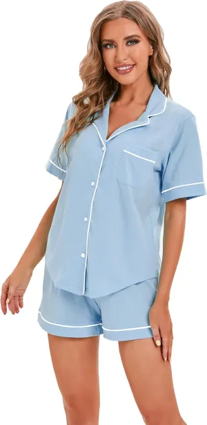 LUBOT 100% Cotton Pajamas for Women 2 Piece PJ Set Button-Down Soft Knit Short Sleeve Summer Sleepwear Loungewear XS-XXL