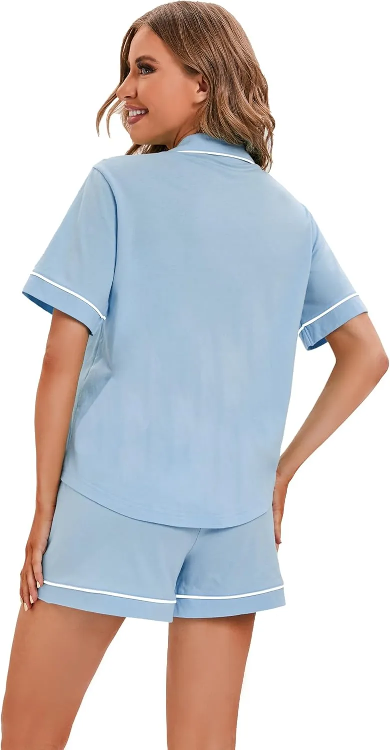 LUBOT 100% Cotton Pajamas for Women 2 Piece PJ Set Button-Down Soft Knit Short Sleeve Summer Sleepwear Loungewear XS-XXL