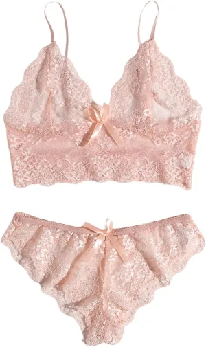 MakeMeChic Women's Floral Lace V Neck Scallop Trim Bow Front Babydoll Bra and Panty Sets Naughty Lingerie