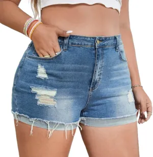 MapleHub Plus Size Denim Shorts Women High Waisted Ripped Folded Hem Jean Shorts