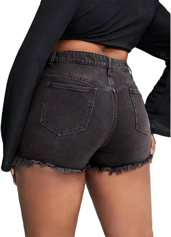 MapleHub Plus Size Denim Shorts Women High Waisted Ripped Folded Hem Jean Shorts
