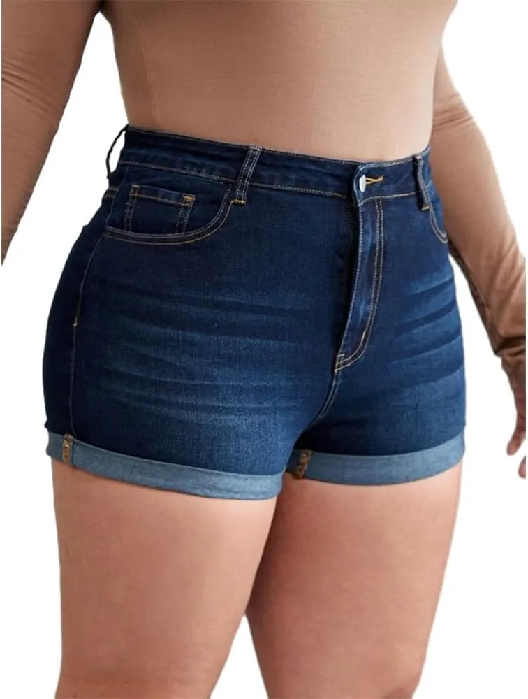 MapleHub Plus Size Denim Shorts Women High Waisted Ripped Folded Hem Jean Shorts