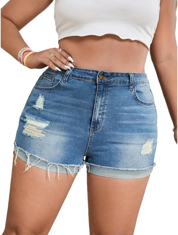 MapleHub Plus Size Denim Shorts Women High Waisted Ripped Folded Hem Jean Shorts