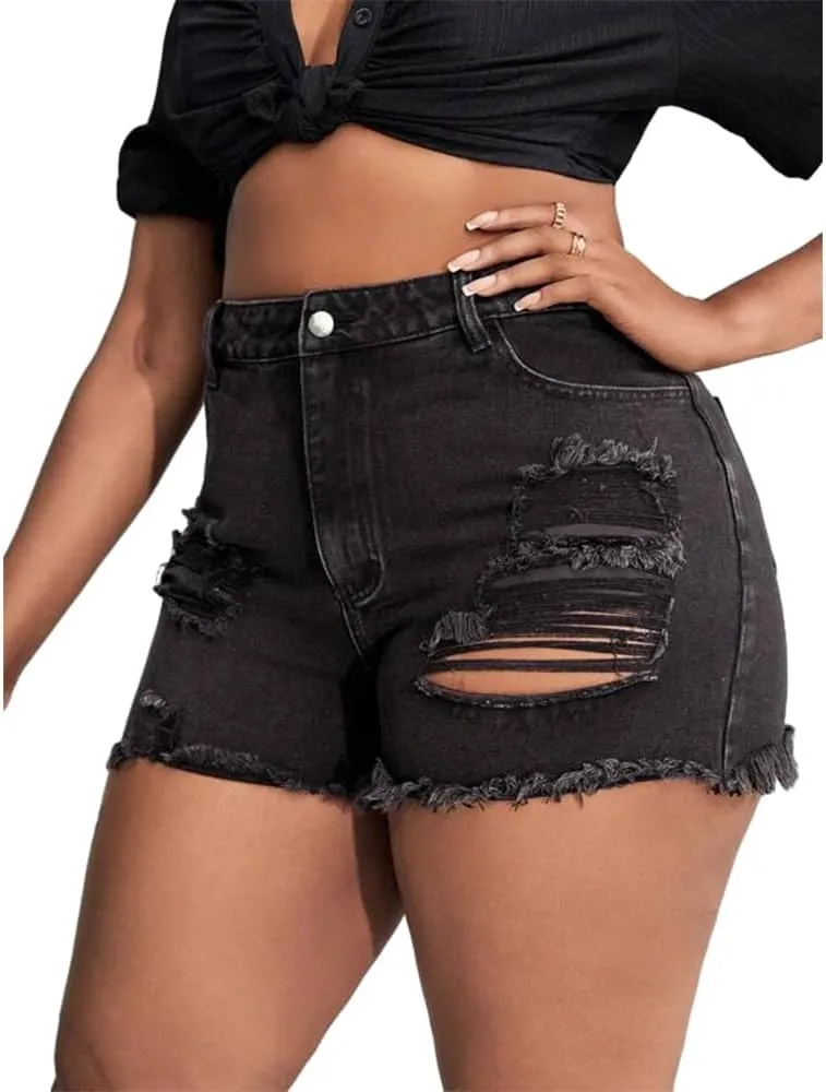 MapleHub Plus Size Denim Shorts Women High Waisted Ripped Folded Hem Jean Shorts