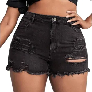 MapleHub Plus Size Denim Shorts Women High Waisted Ripped Folded Hem Jean Shorts