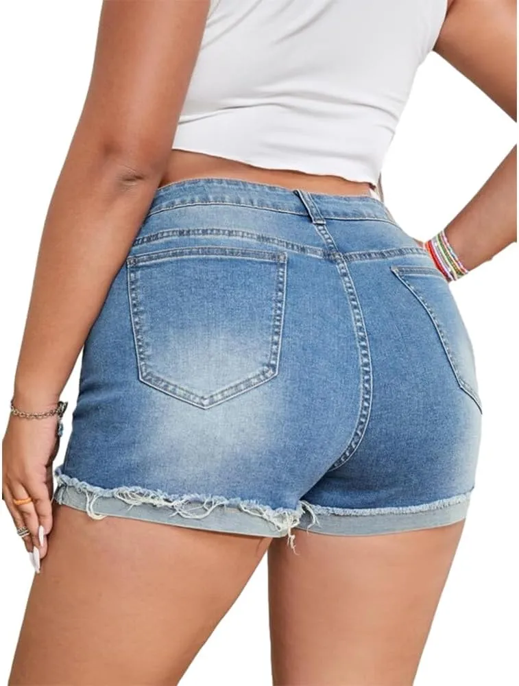 MapleHub Plus Size Denim Shorts Women High Waisted Ripped Folded Hem Jean Shorts