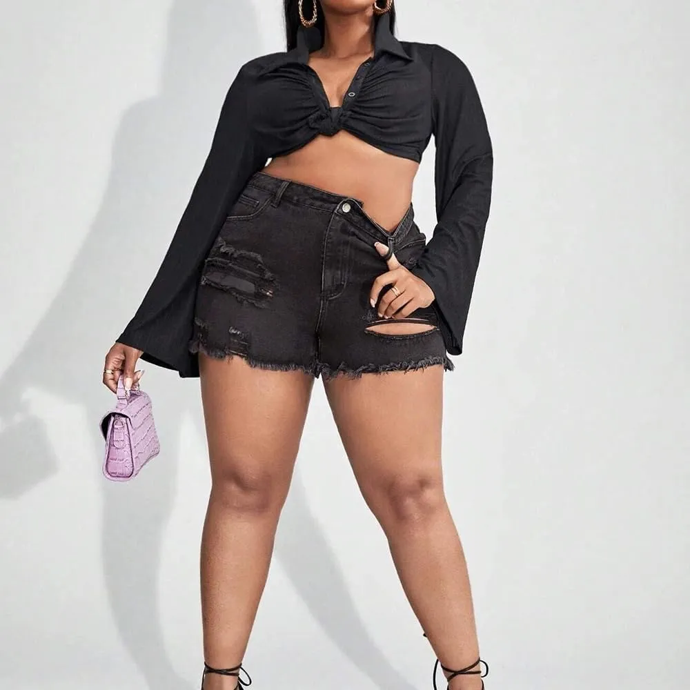 MapleHub Plus Size Denim Shorts Women High Waisted Ripped Folded Hem Jean Shorts