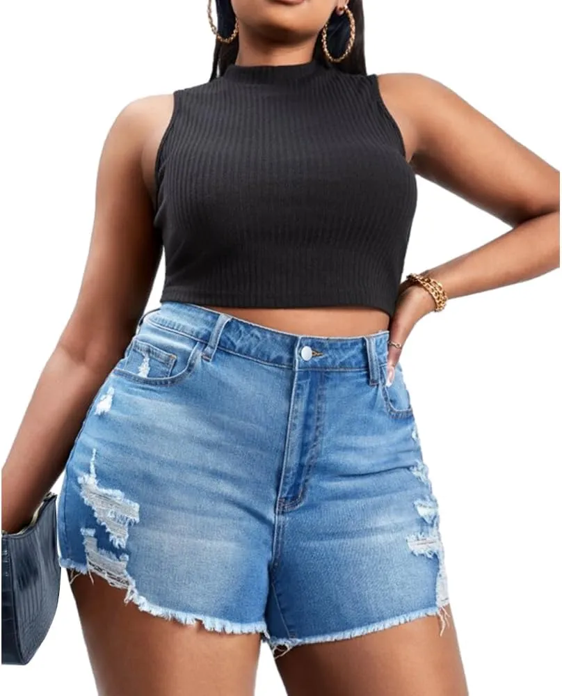 MapleHub Plus Size Women's Ripped Denim Jean Shorts High Waisted Stretchy Folded Hem Short Jeans