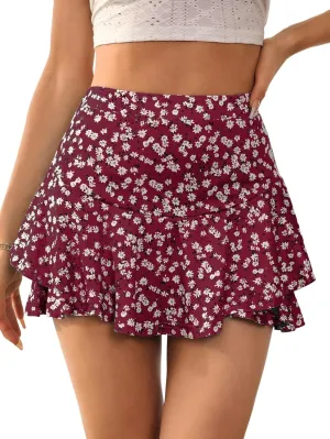 MARZXIN Mini Skirt for Women Floral Print Two Layer Beach Summer Hem Mini Skirt