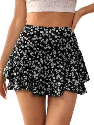 MARZXIN Mini Skirt for Women Floral Print Two Layer Beach Summer Hem Mini Skirt