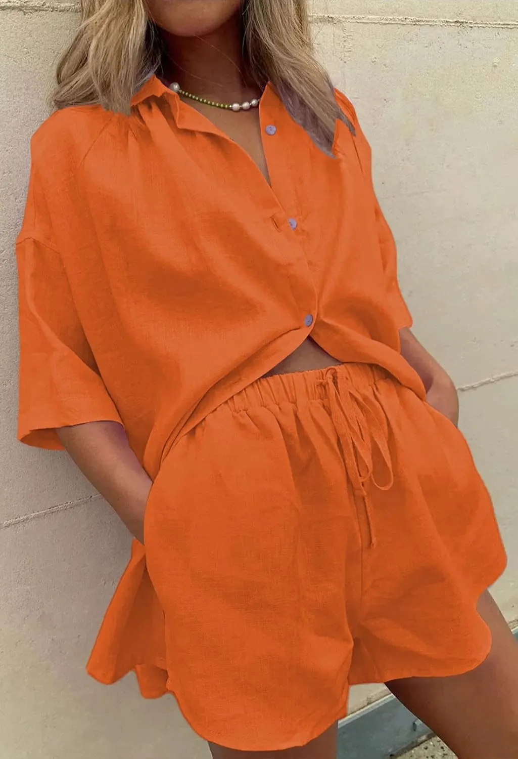 Meenew Women's 2 Piece Outfits Button Down Short Sleeve Shirts and Shorts Set Summer Sweatsuits Loungewear Set
