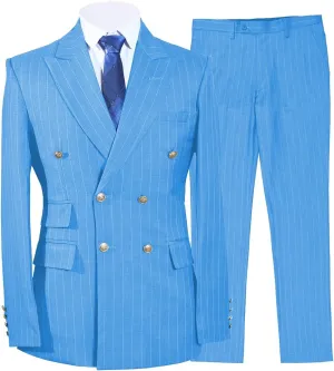 Men Suits Slim Fit Double Breasted Wool Stripe Business Working Jacket Blazer Pants Wedding Tuxedos