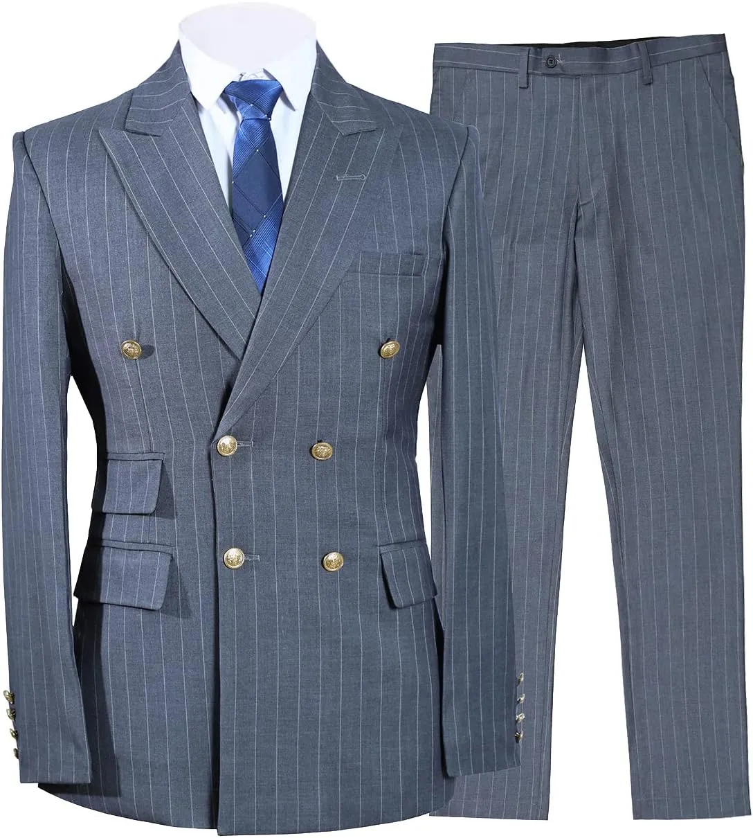 Men Suits Slim Fit Double Breasted Wool Stripe Business Working Jacket Blazer Pants Wedding Tuxedos
