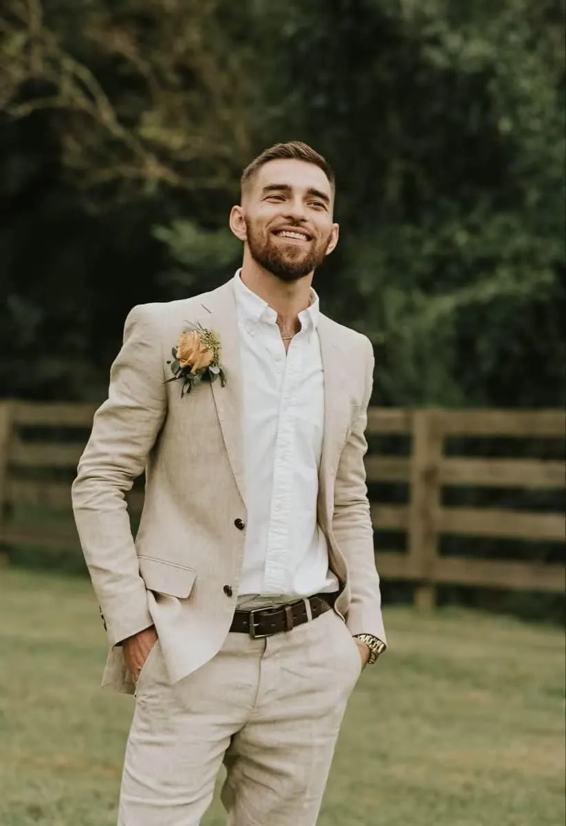 Mens 2 Piece Linen Suits for Men Slim Fit Casual Beach Wedding Summer Grooms Groomsmen Linen Blazer Pants Suit