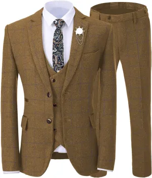 Men's 3 Pieces Formal Tweed Mens Suit Slim Fit Plaid Tuxedos For Wedding Groomsmen(Blazer Vest Pant)
