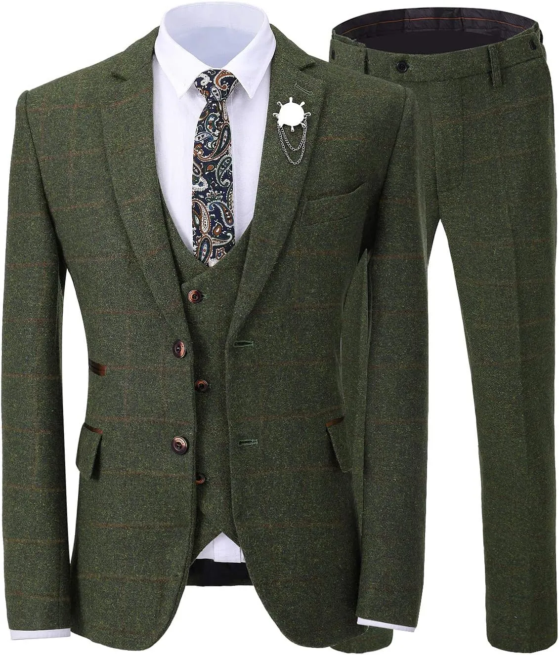 Men's 3 Pieces Formal Tweed Mens Suit Slim Fit Plaid Tuxedos For Wedding Groomsmen(Blazer Vest Pant)