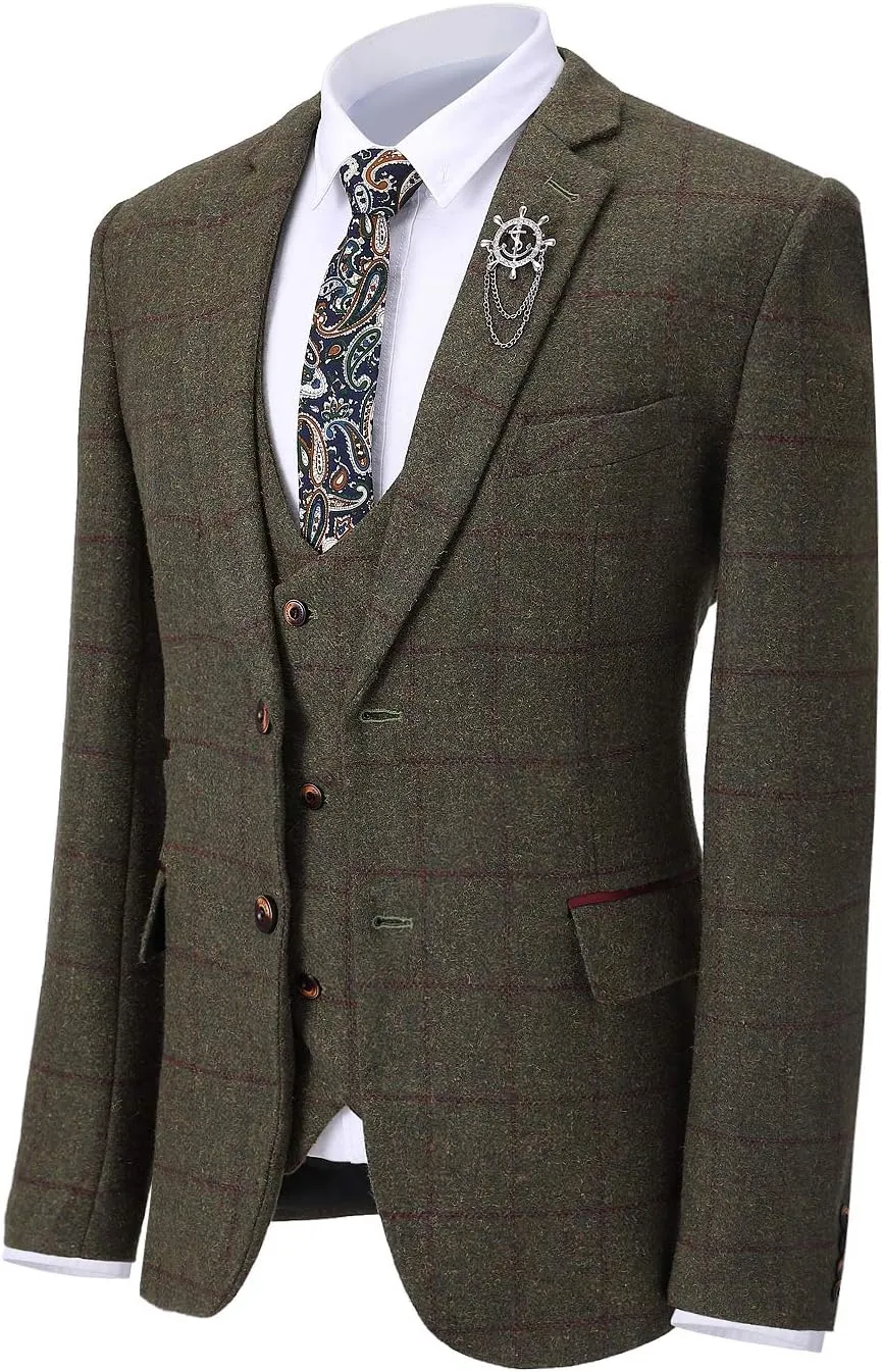 Men's 3 Pieces Formal Tweed Mens Suit Slim Fit Plaid Tuxedos For Wedding Groomsmen(Blazer Vest Pant)