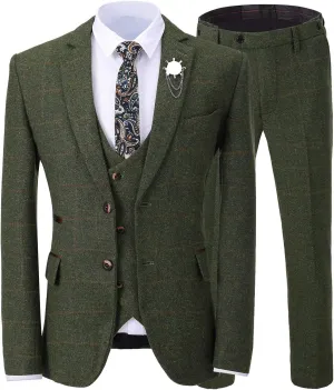 Men's 3 Pieces Formal Tweed Mens Suit Slim Fit Plaid Tuxedos For Wedding Groomsmen(Blazer Vest Pant)